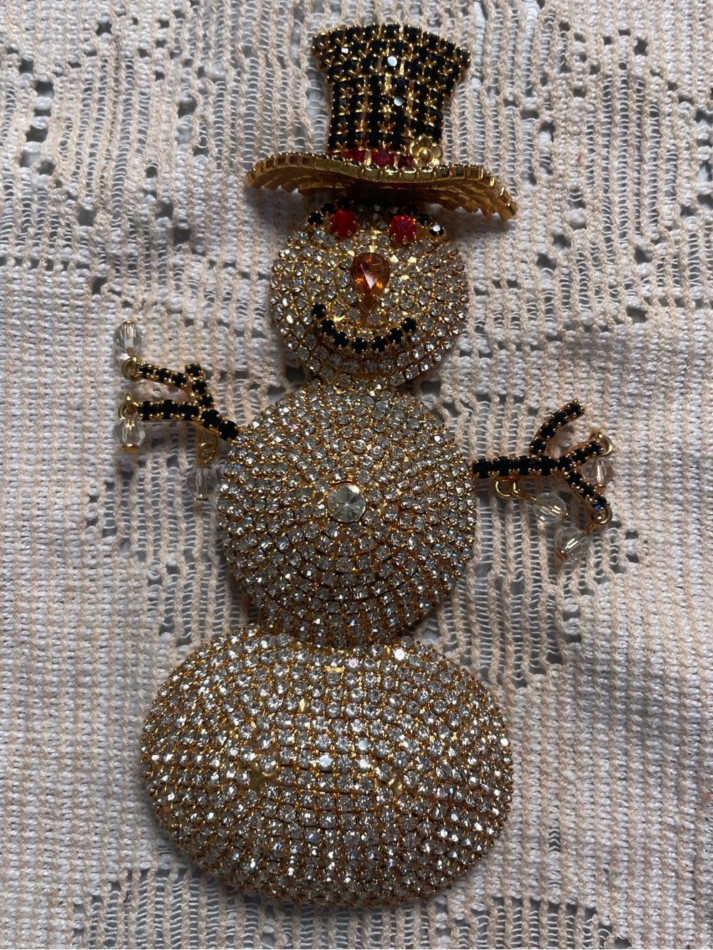 Vintage Gold Crystal Snowman Brooch Pin - Sparkling Winter Accessory